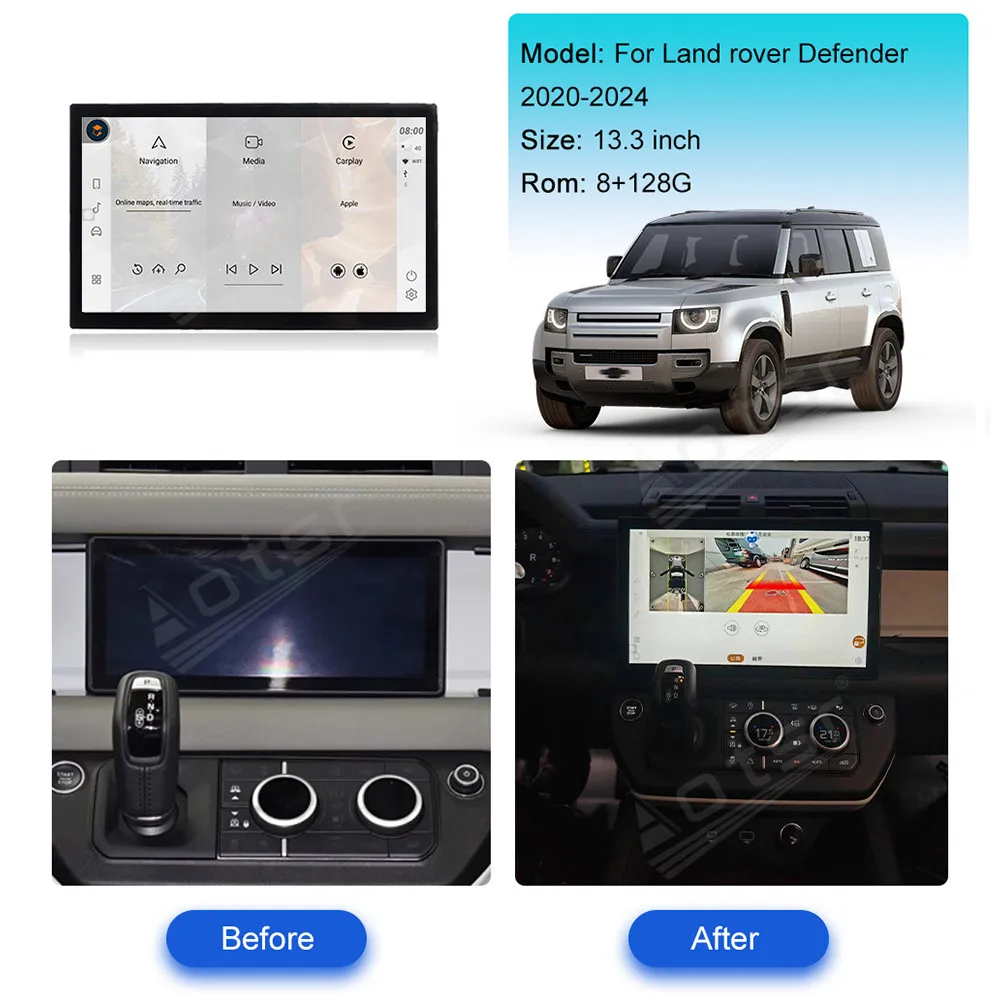 13.3'' Navigation 8 core Carplay For Land Rover Defender 20020-2024 Multimedia Player Android13 Auto GPS Navi Wireless Head