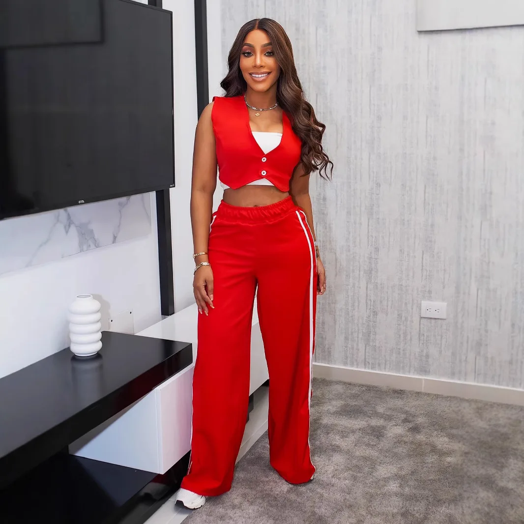 Pant Set Women Two Piece Sets V Neck Sleeveless Short Vest Tops Wide Leg Long Pants Elastic Waist Y2k Streetwear Elegant Summer
