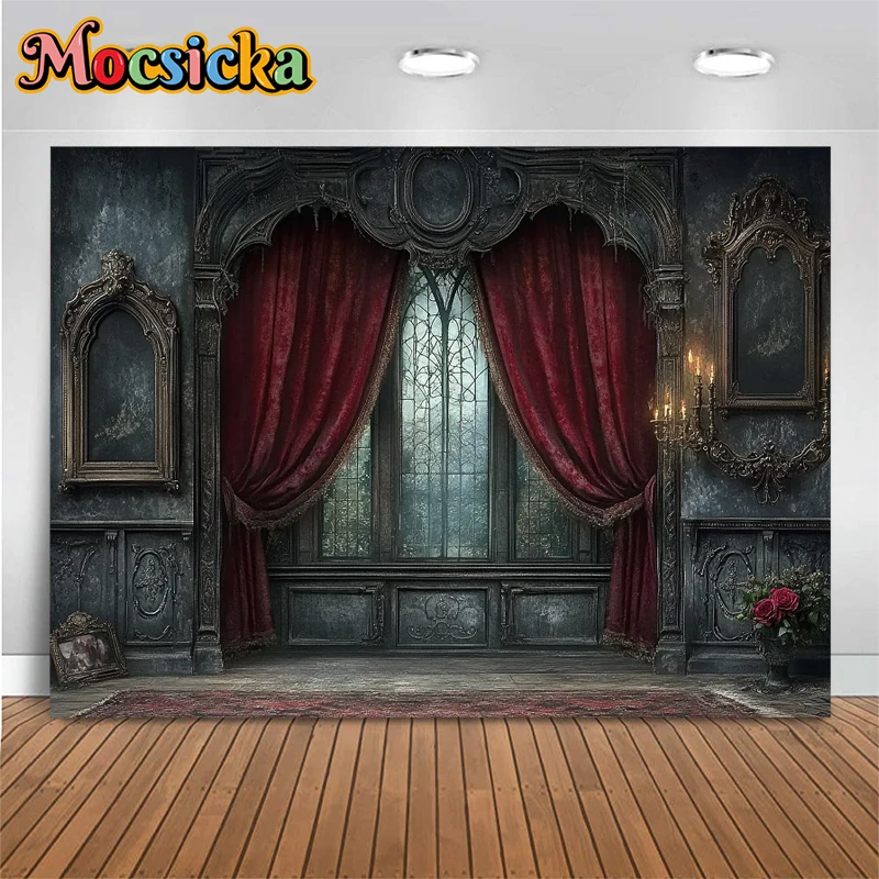 Mocsicka Photography Background Retro Gray Castle Red Curtain Pattern Wallpaper Decoration Birthday Party Backdrop Studio Banner