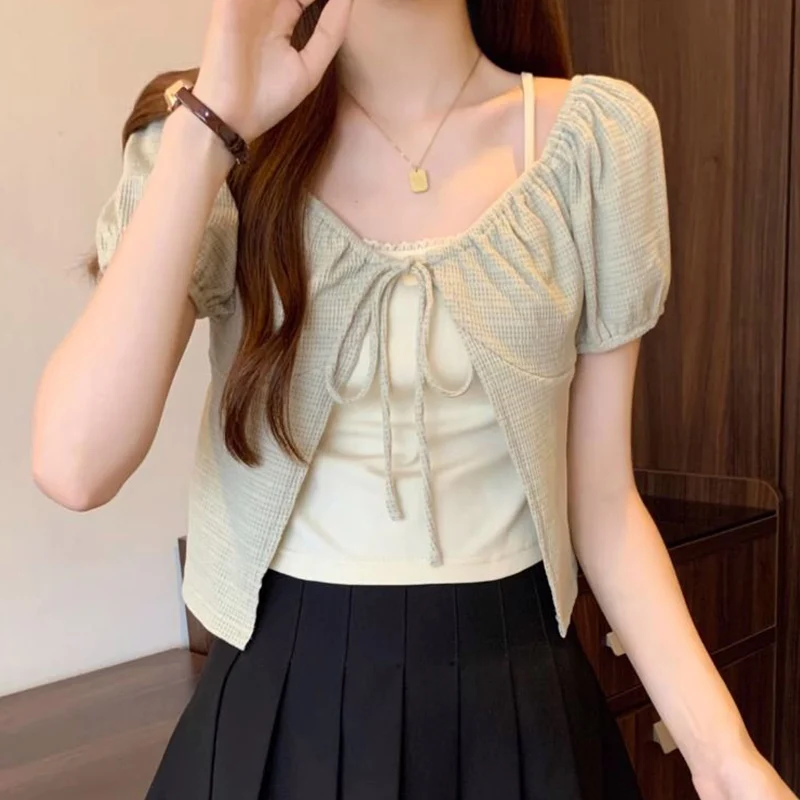 Summer New Fashionable Casual Vacation Two Piece Shawl Strap Lady Short Sleeve T-shirt Elegant and Young Style Sweet Women's Top