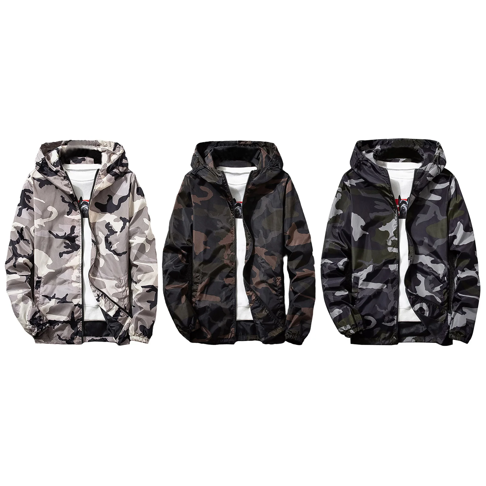 Men Camouflage Printed Hooded Jackets Long Sleeve Zipper Pockets Baseball Coat Windproof Outerwear for Hiking Cycling Daily Wear