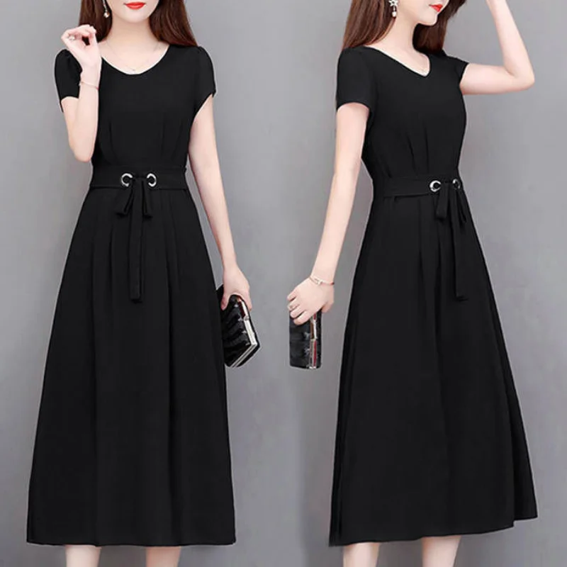 

Spring and Summer New Fashion Drawstring Simplicity Solid Color Commuter Versatile Short Sleeve Casual Mid Waist A-line Dress