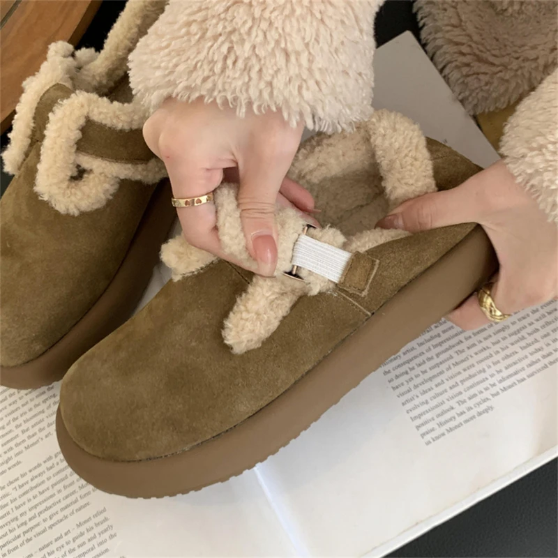 صوف الضأن الداخلية حذاء مسطح أقدام الصوف الدافئة الثلوج الأحذية جولة رئيس مشبك منصة أحذية قطنية تقليد الجلد المدبوغ 35-39 أحذية نسائية #4
