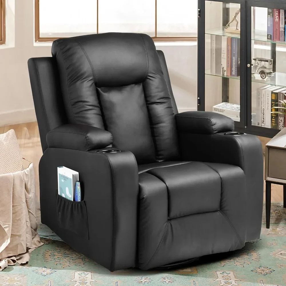 

Recliner Chair, PU Rocking Chair for Adults, Swivel Recliner with Cup Holders, Heat and Massage, Single Sofa Seat