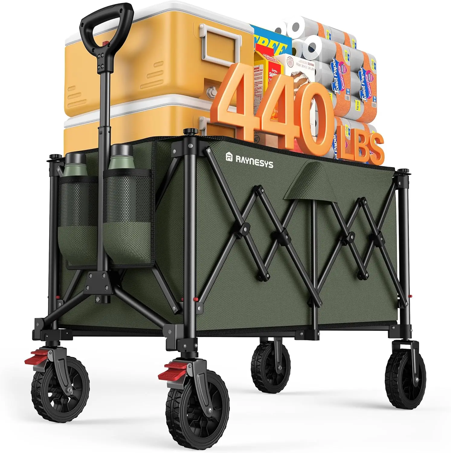 

440lbs Capacity Collapsible Foldable Wagon, All-Terrain Utility Cart with Brakes for Camping, Shopping, Green