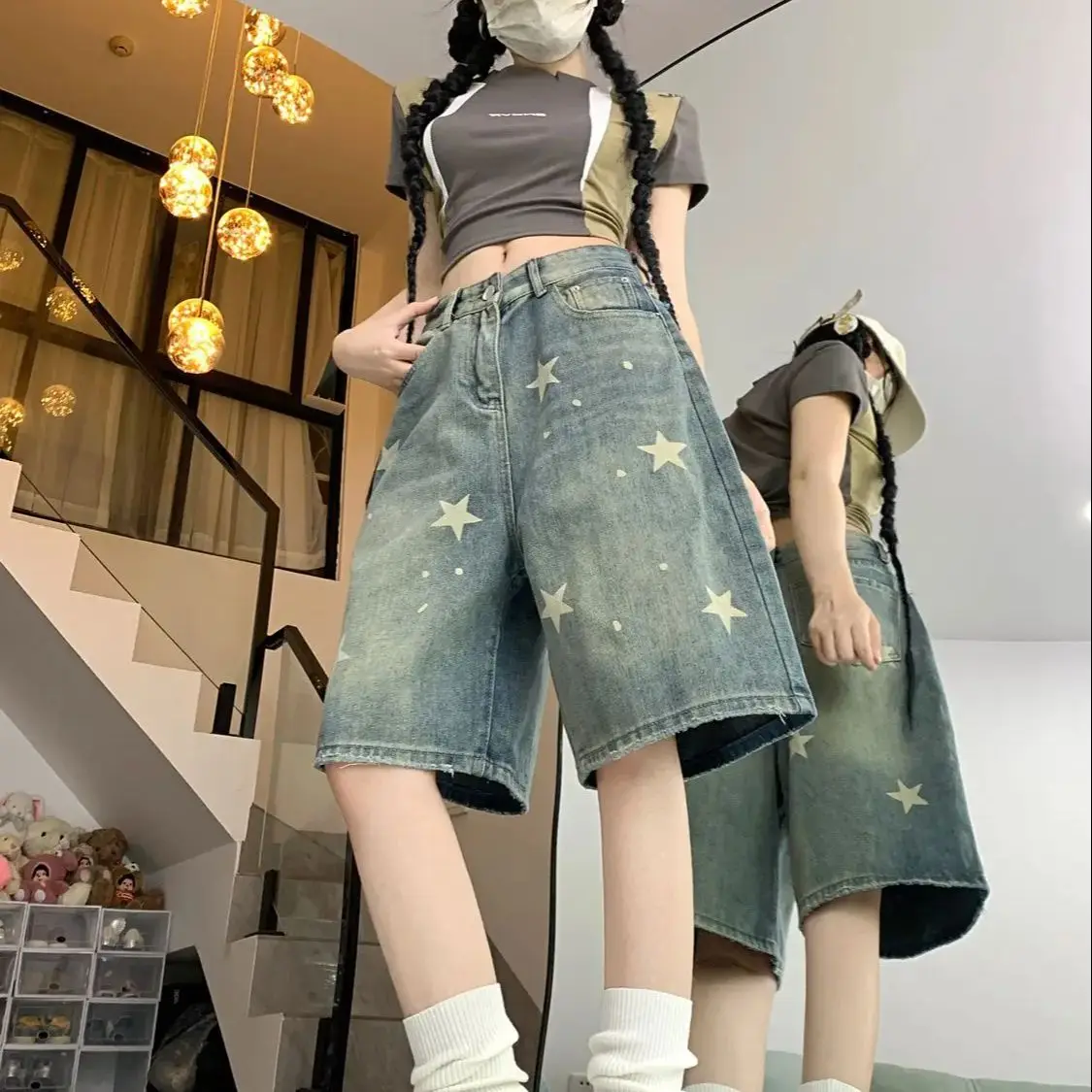 American Retro Washing Old Star Denim Shorts Spring Summer New Five-Point Women Street Straight Versatile Slim Wide-Leg Pants