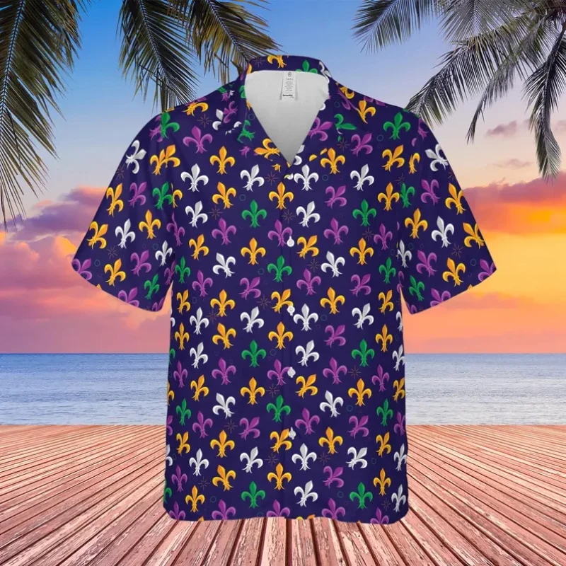 

Happy Mardi Gras Hawaiian Shirt For Men Women Mardi Gras Fleur De Lis Button Down Beach Shirt Top Fat Tuesday Carnival Shirts