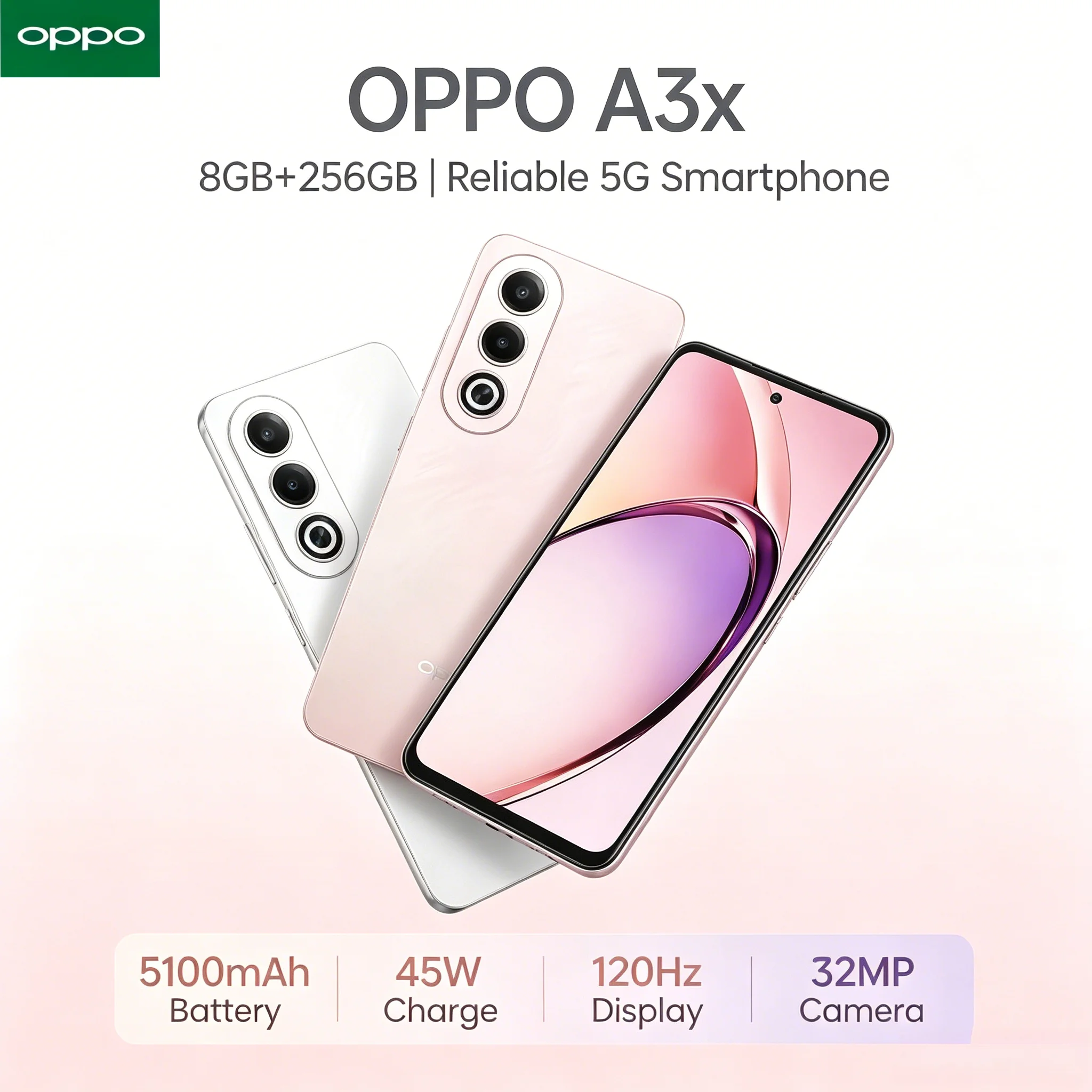 2026 New OPPO A3X Smartphone 8 GB RAM 256 GB ROM Mediatek Helio P35 Octa-Core Processor 6.5' HD+ Display Dual 13MP + 2MP Camera