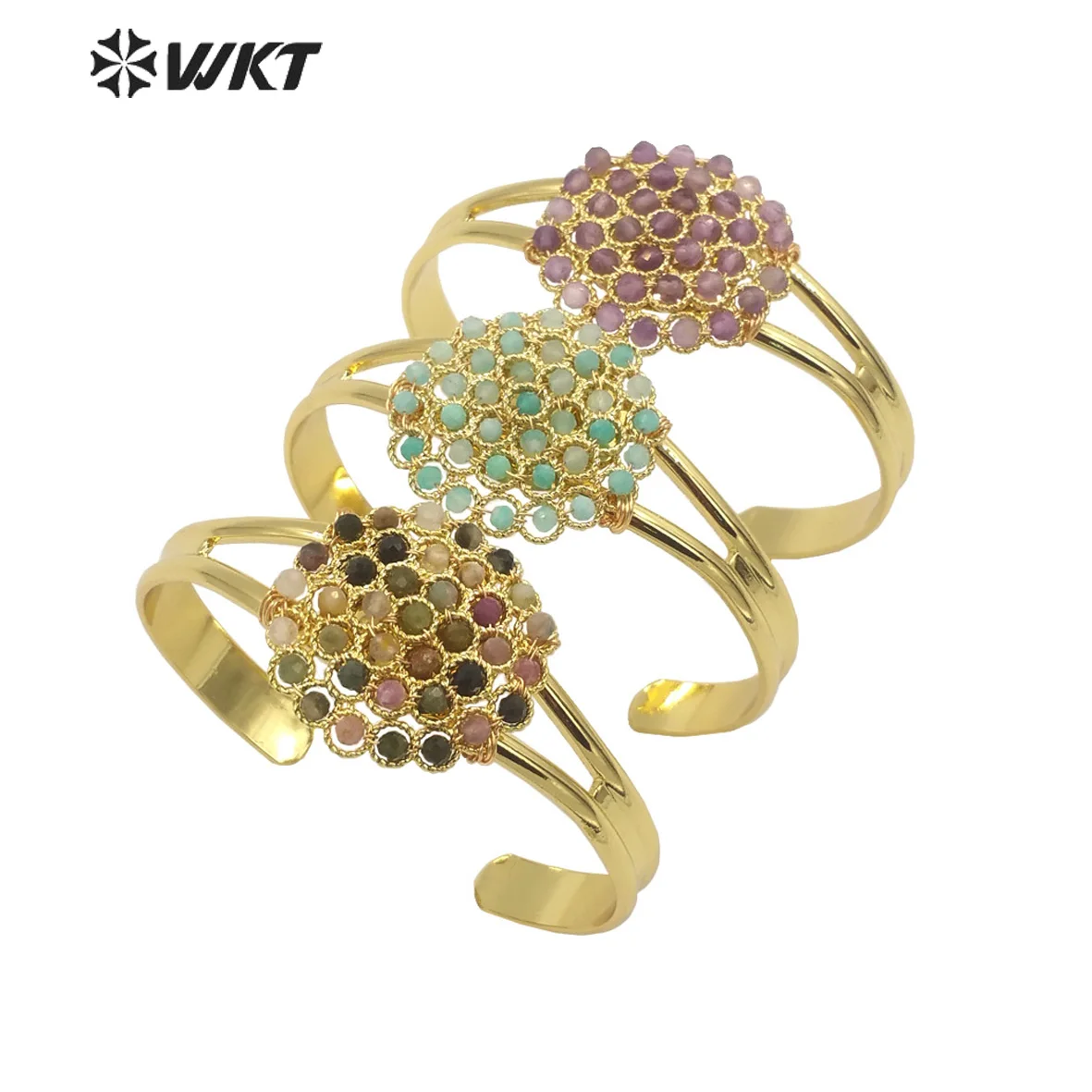 

WT-B642 Fashion Vintage Bohemian Handmade Tinny Natural Stone Beads Wire Wrapped Round Themed Gold Resist Tarnishable Bangle