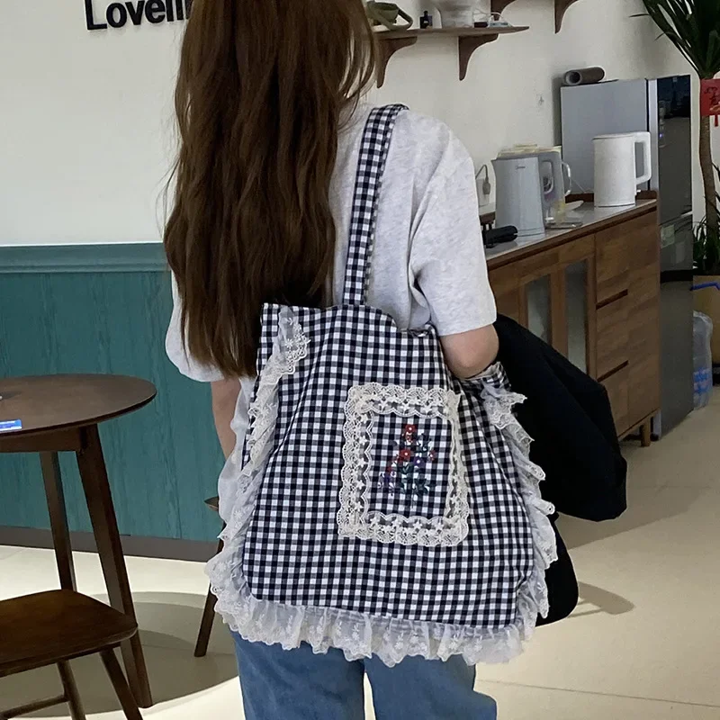 

Large Capacity Embroidery Flower Ladies Handbags Lace Plaid Canvas Shoulder Bags for Women Retro Floral Female Tote Shopping Bag