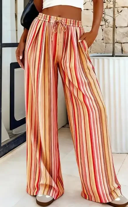 2026 Women's Loose and Versatile Elastic Color Blocked Striped Wide Leg Pants Long Pants