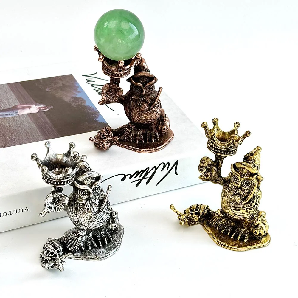 Metal Wizard Owl Crystal Sphere Stand Holder Crown Gemstone Ball Display Base for Green Fluorite Mineral Decor