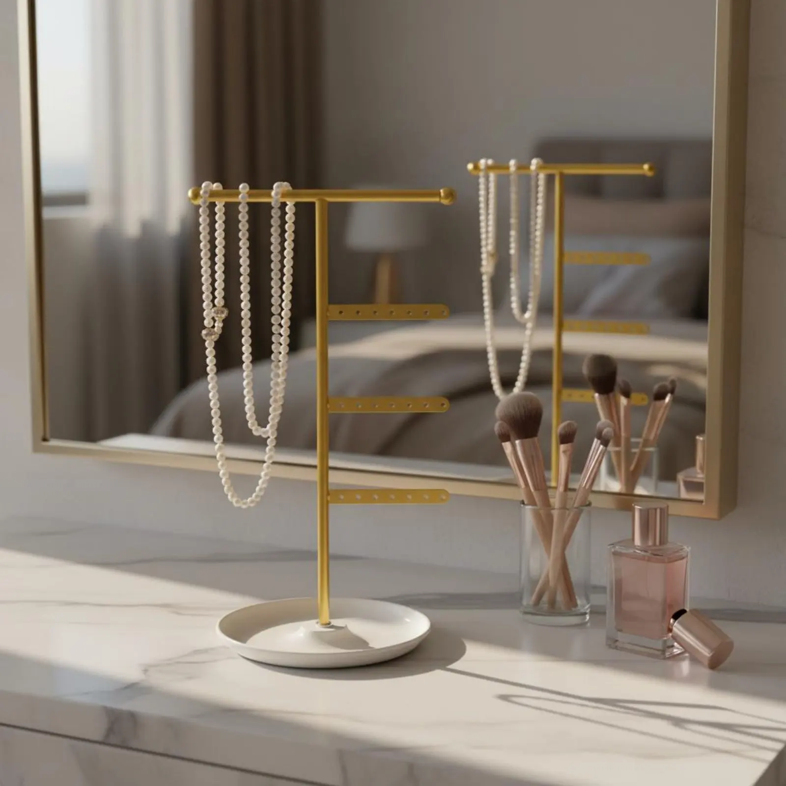 

Crossbar Jewelry Stand with Tray Detachable Design Necklace and Earring Display Rack Desktop Jewelry Tree for Vanity Table