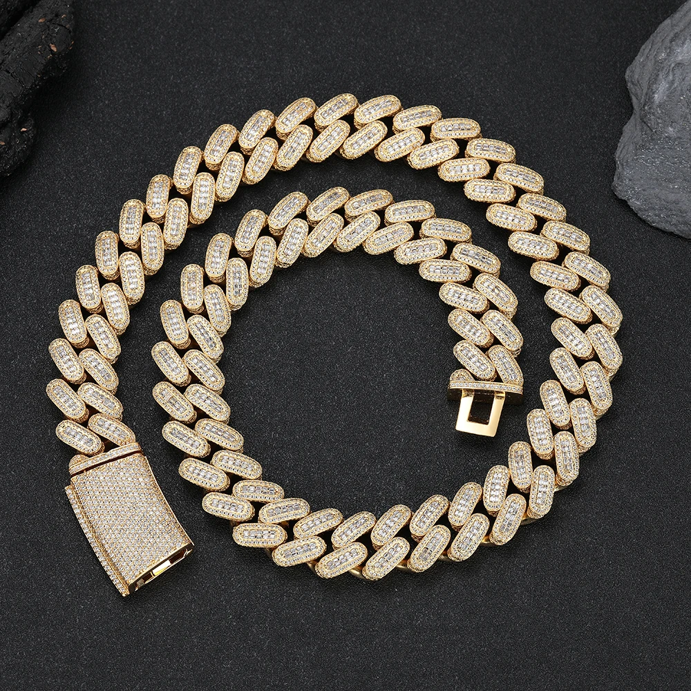 

Nuoya Custom Cuban Link Chain Necklace for Men 18mm Iced Baguette Diamond Hiphop Style Gold Plated Cuban Chain Rappers Jewelry