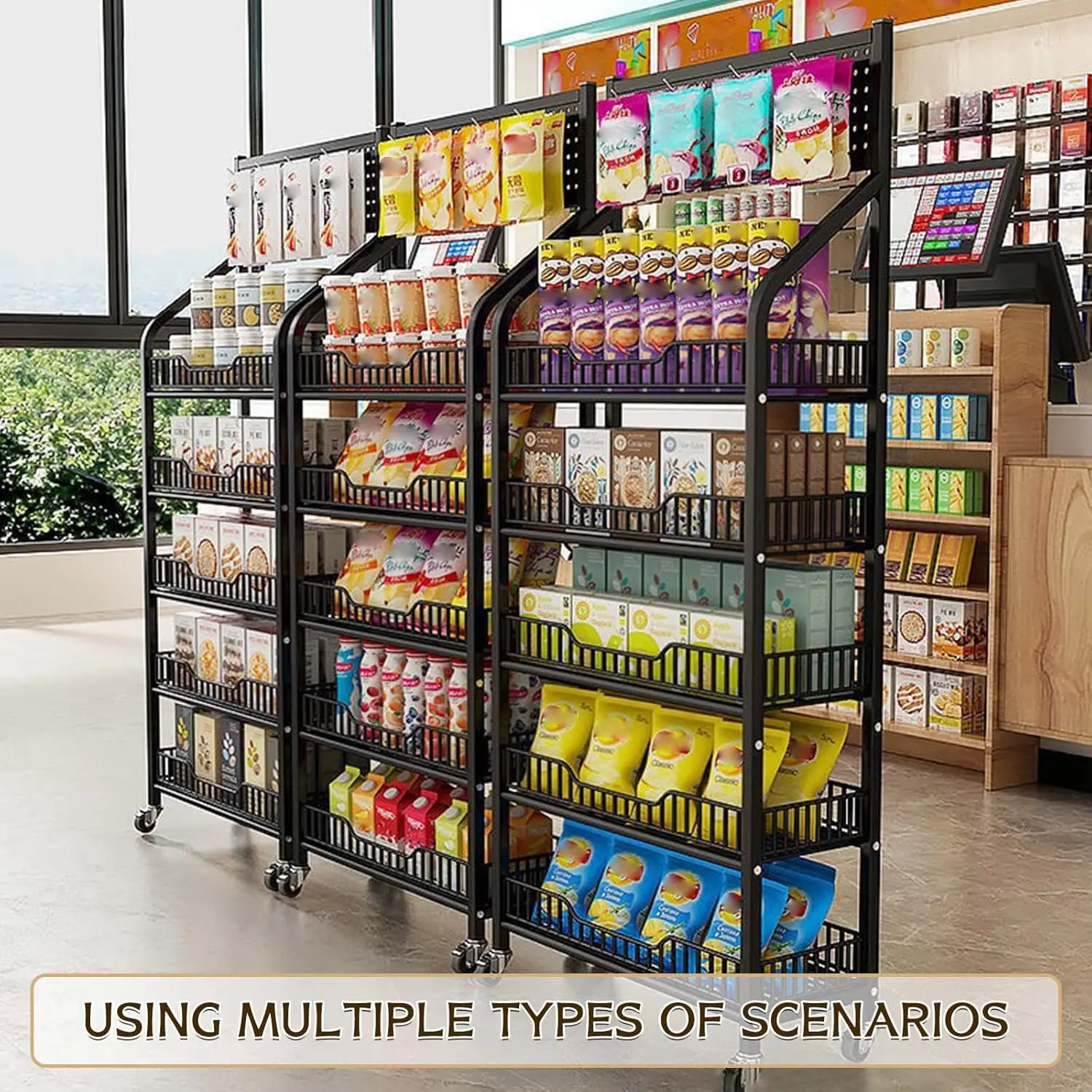 Five-Tier Snack Display Rack, 65.3H'‘ x 23.8W’' x 10.4D'', with Universal Casters For fruits, vegetables, towel baskets, stalls,