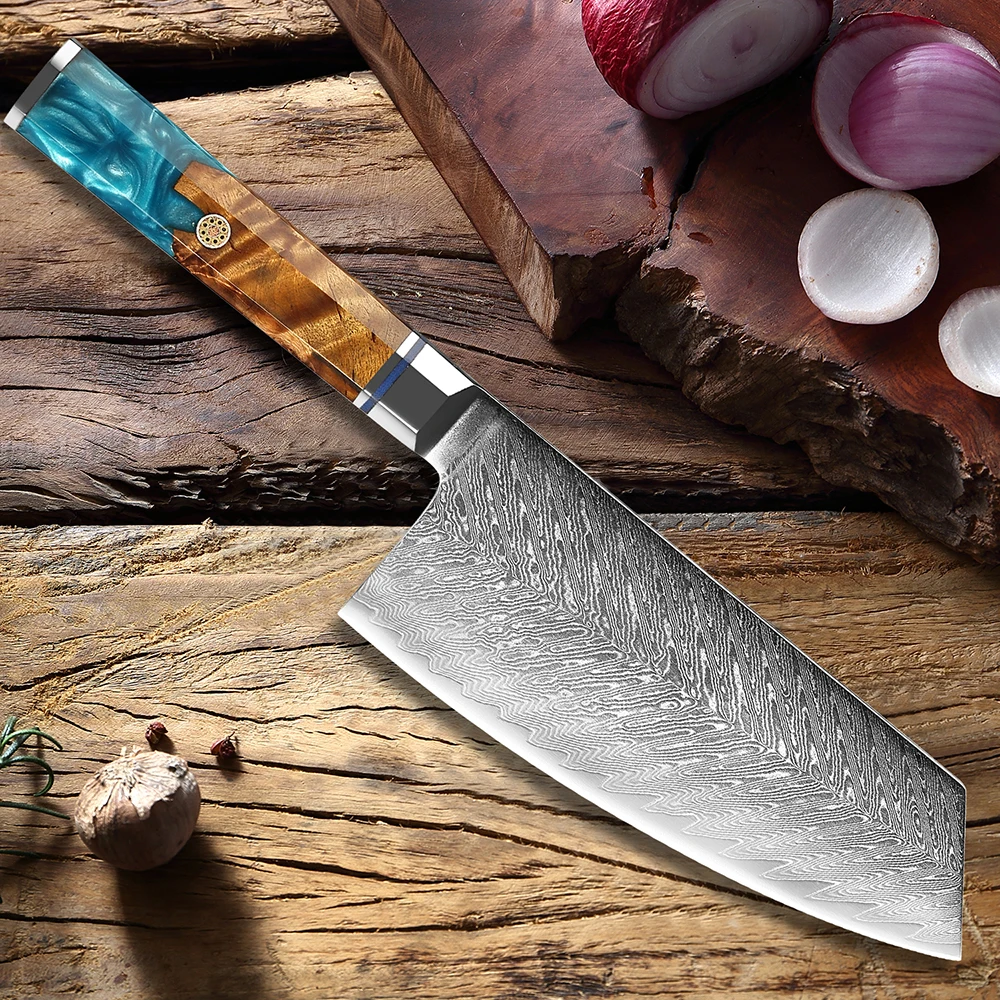 Damascus Steel Cleaver 7 Inch Chinese Kitchen Knife Sharp Household Slicing Knife Ladies Specialized Knife Ergonomic Handle