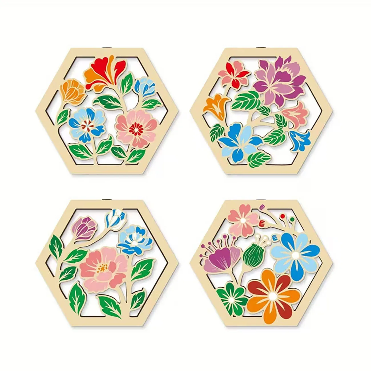 4 Pcs Hexagon Wooden Flower Wall Decor Hollow Cutout Colorful Floral Wall Art for Home Living Room Bedroom Wall Decoratio