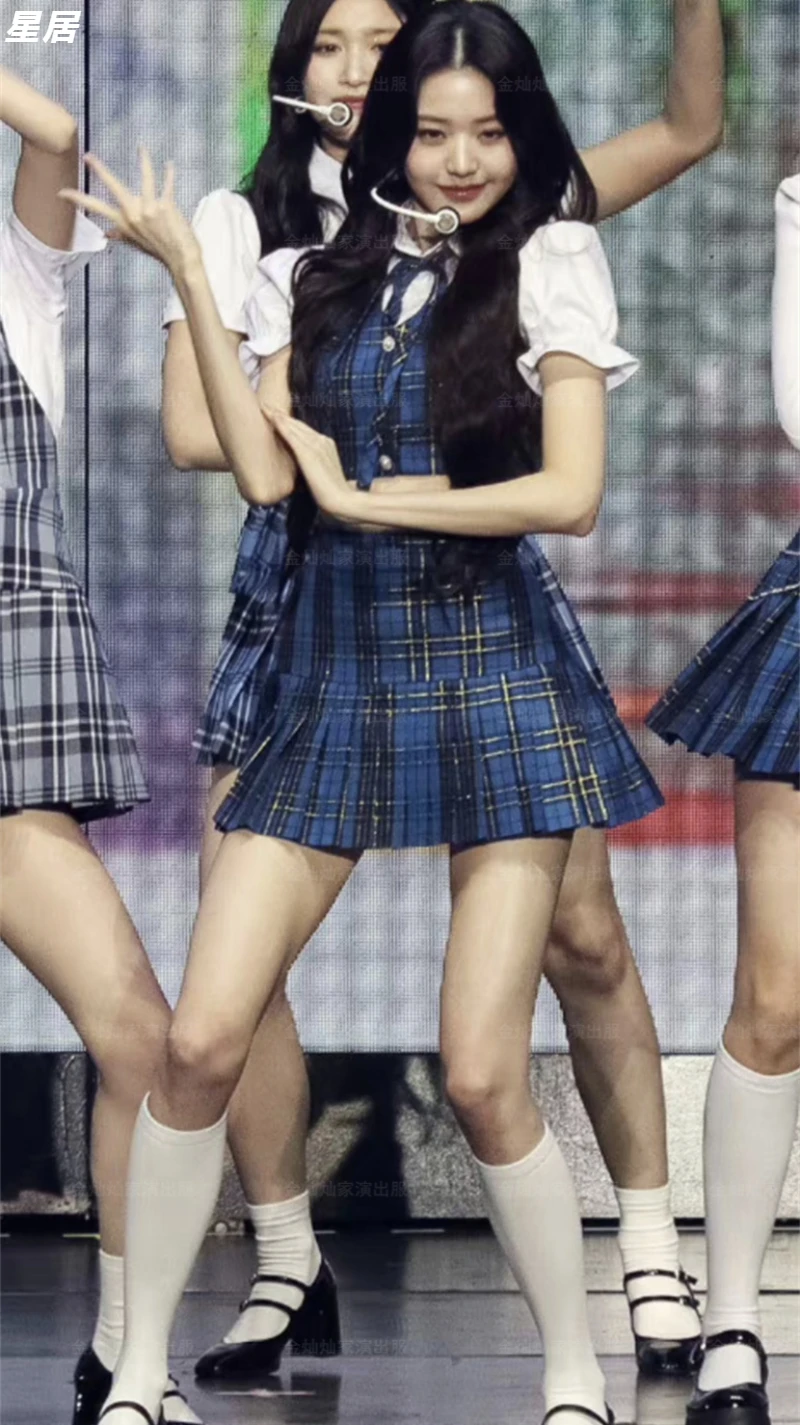 Kpop Korean Singer Concert Jazz Dance Sexy Plaid Vest Crop Tops Mini Pleated Skirt Women Rave Outfits Stage Performance Costume