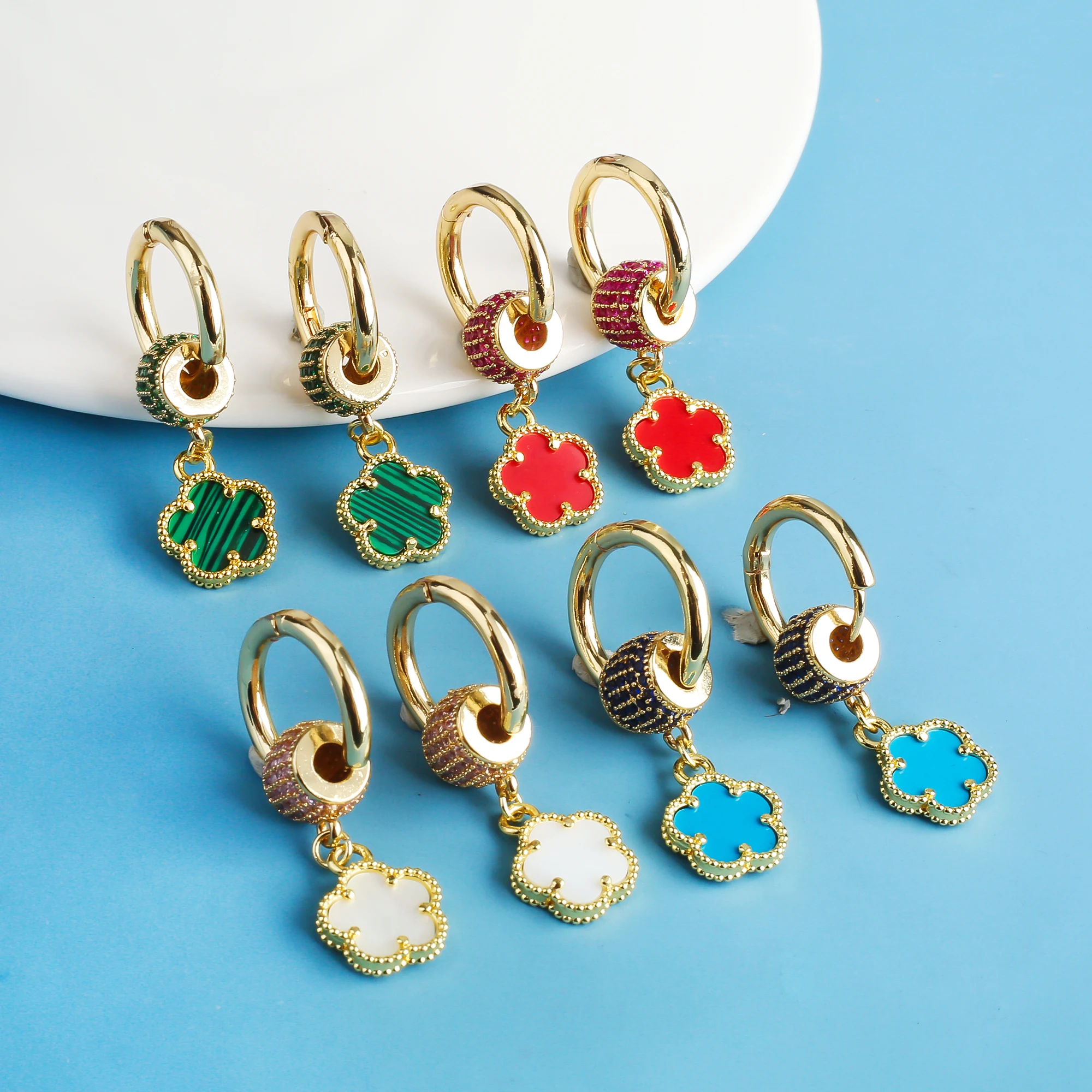 New Design Gold-Plated Five-Leaf Flower Stone Zircon Dangle Drop Earrings Creative For Woman Birthday Jewelry Accessories Clover