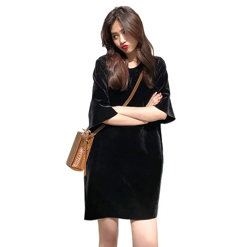 Korean Women Casual Velour Party Dress O-neck Half Sleeve Solid Velvet T shirt Dress Simple Casual Loose High Street Dress