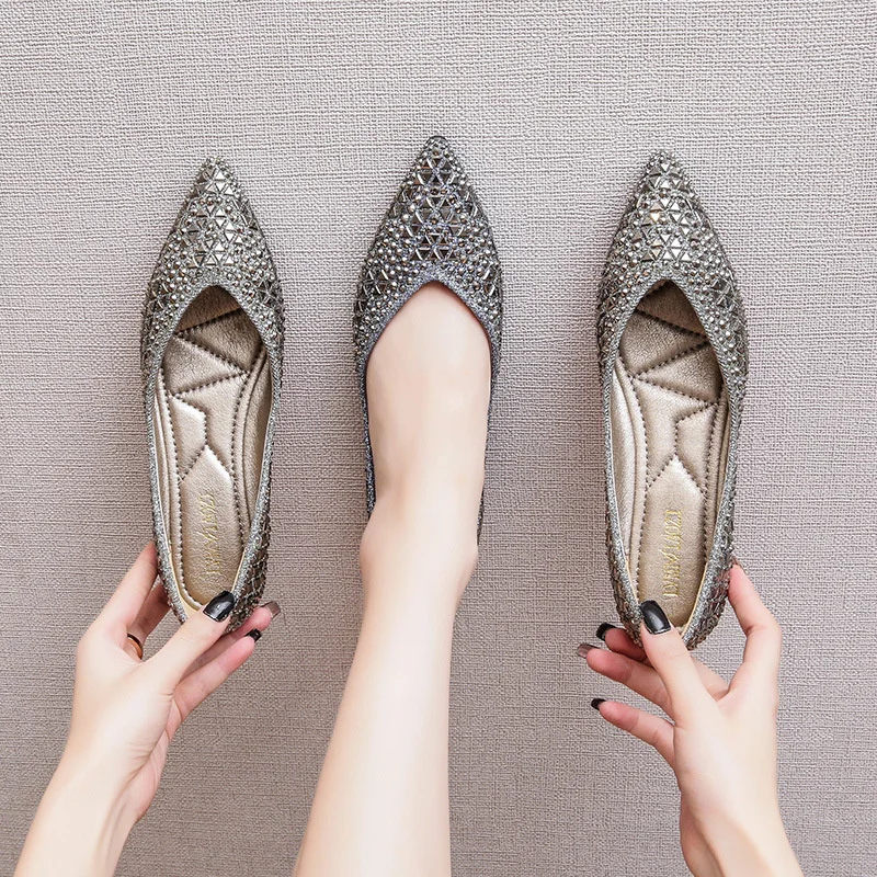 

Large size 43 famous brand women pointed toe glitter beading ballerian shoes shallow mouth sequined cloth moccasins 4