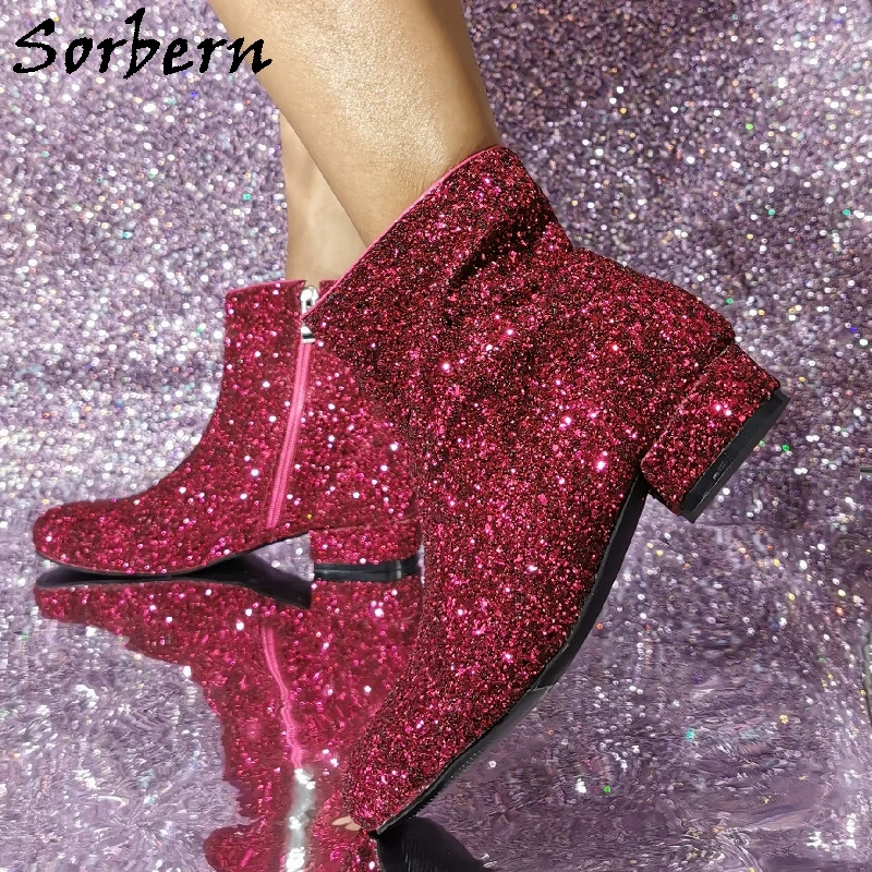 

Sorbern Blingbling Ankle Boots Women Cosplay Dance Booties Fetish Low Heels Round Toe Zip Up Short Boot Custom Color