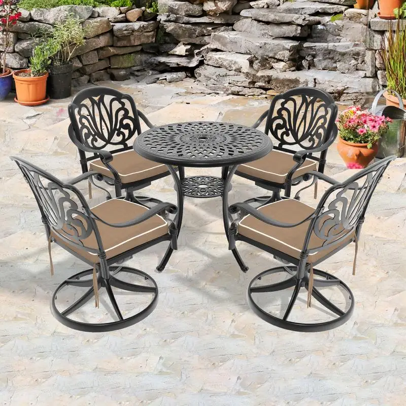 

5-Piece All-Weather Cast Aluminum Dining Set with 4 Swivel Chairs and 30.71-Inch Round Table