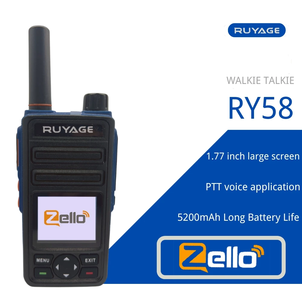 Ruyage-RY58 Zello Walkie Talkie, 4G Radio with Sim Card, WiFi, Bluetooth, Long Range, Powerful, Powerful, 100km