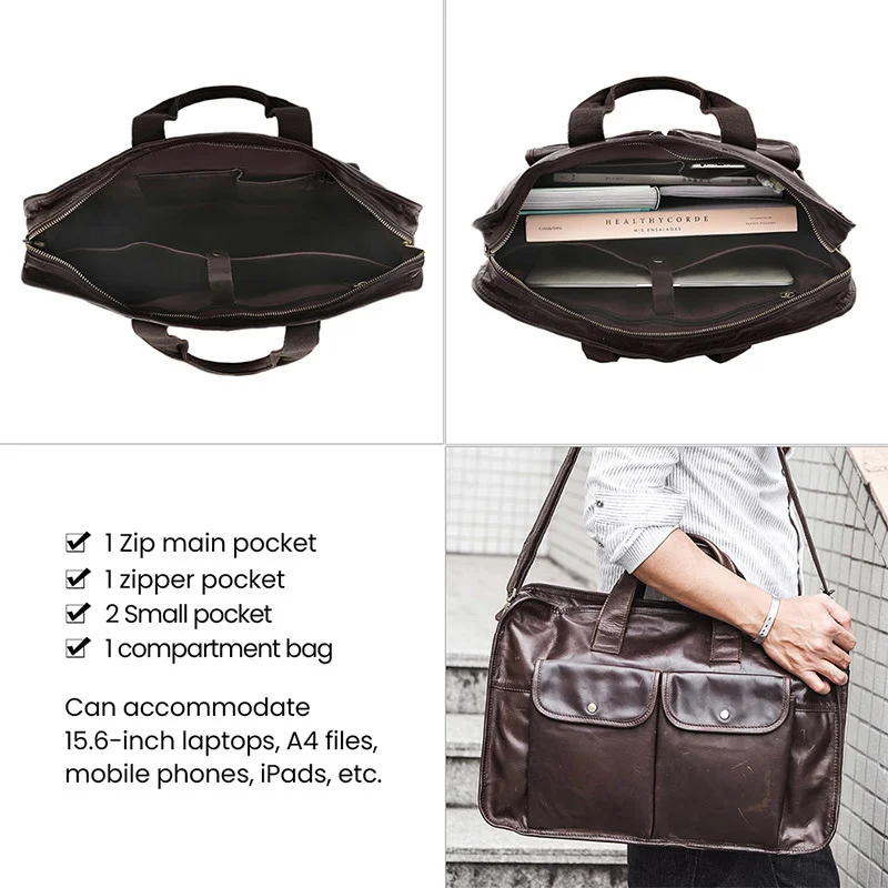 Bolsa de couro genuíno para laptop crossbody para homens maleta masculina de viagem de negócios bolsa de ombro grande 15,6"