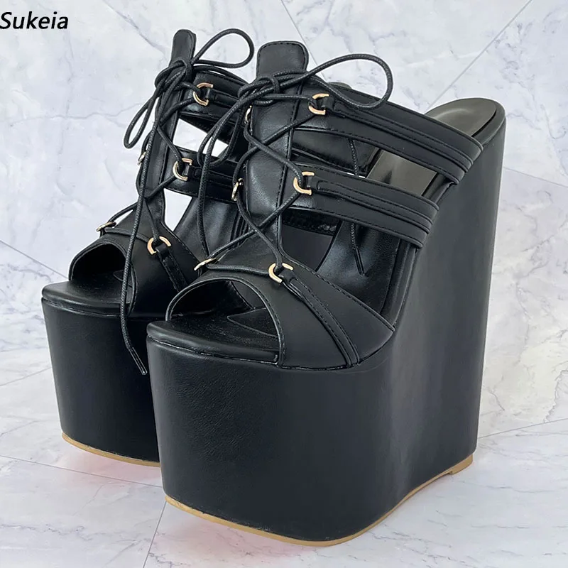 

Sukeia New Women Summer Platform Slingback Sandals Super High Wedges Heels Round Toe Black Casual Shoes Ladies US Size 5-15