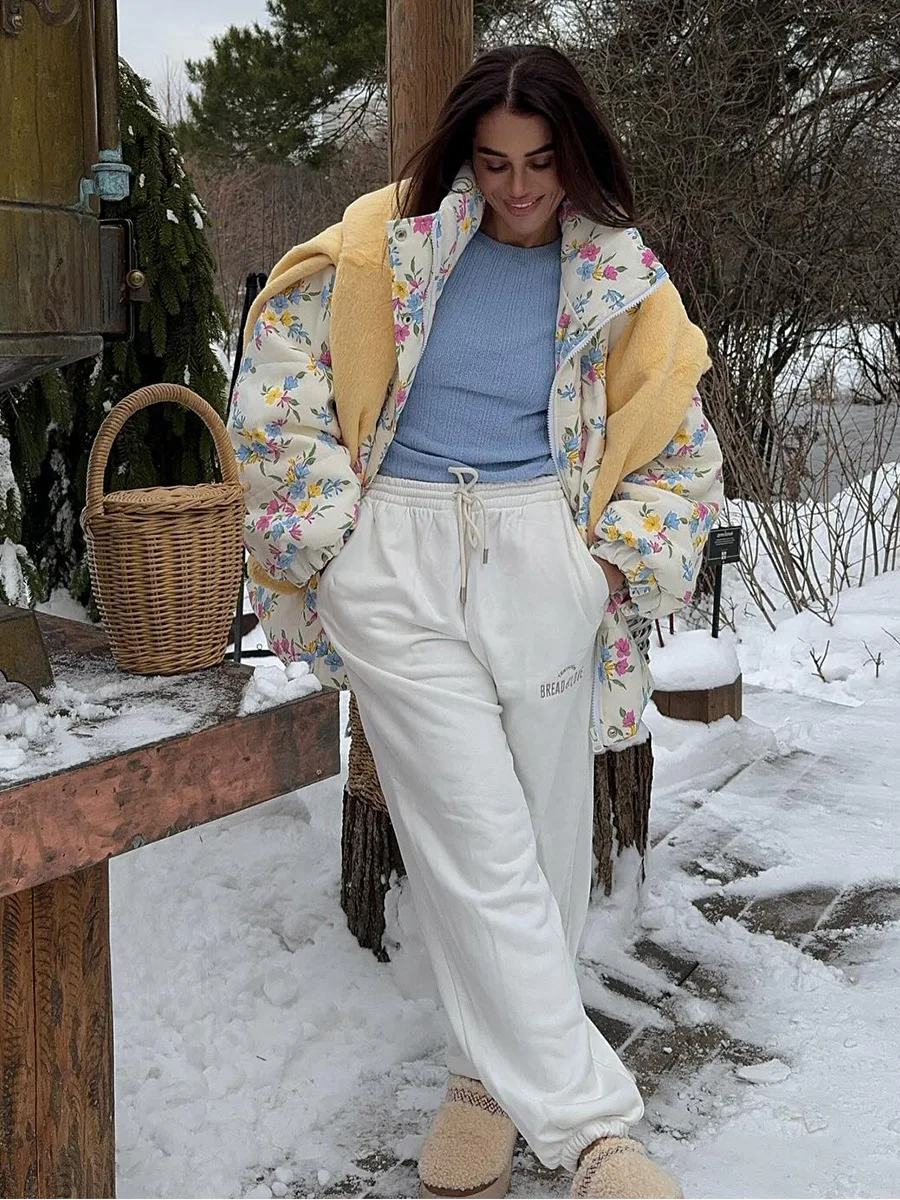 Wolfeel New Women's Puffer Jacket Oversized Stand Up Collar Zipper Closure Floral Print Warm Cotton Filled Coat Autumn Winter