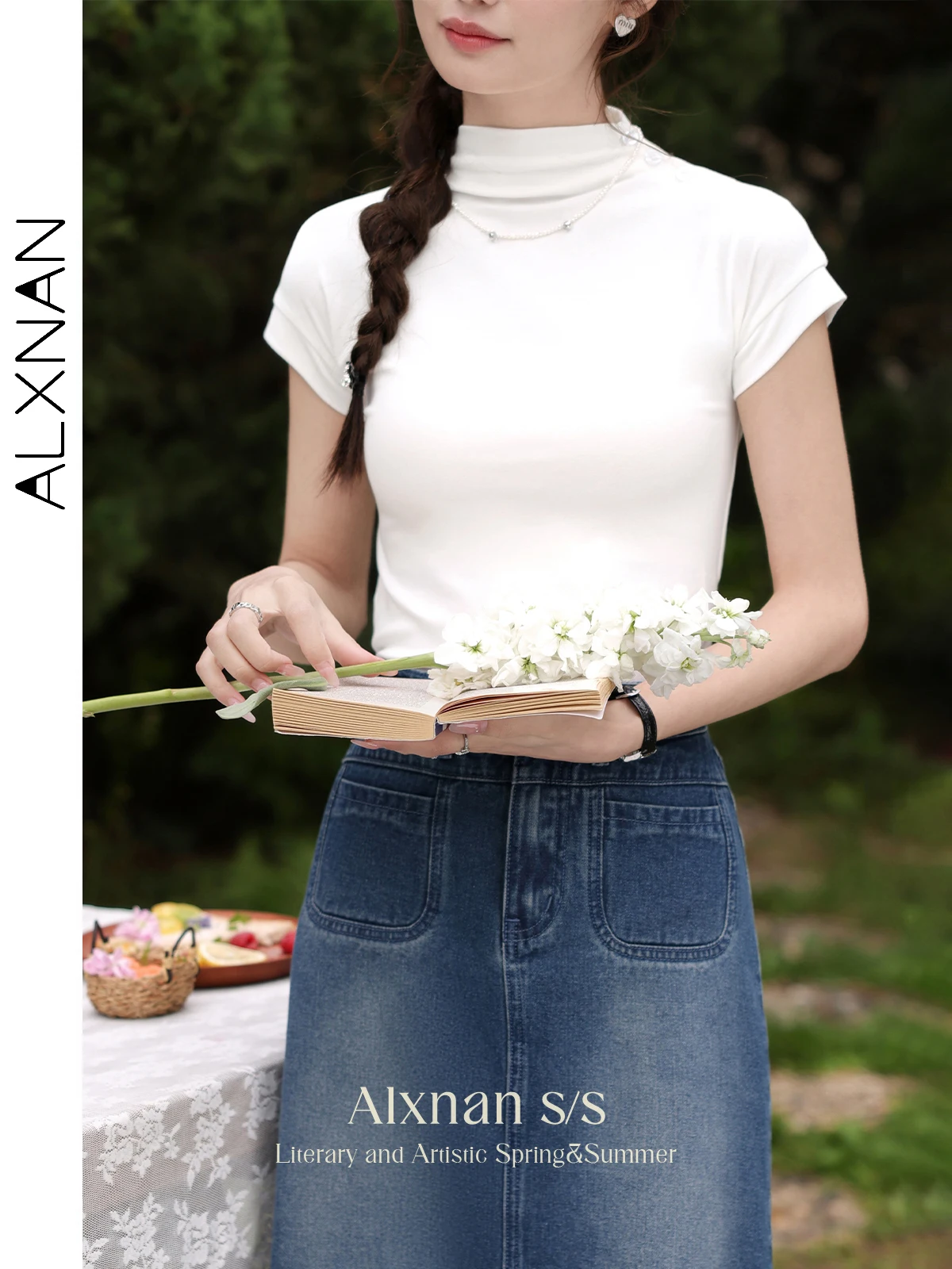 ALXNAN Women Simple Fitted White T Shirts Women Short Sleeve Summer Tops 2024 Buttons Half Turtleneck Basics Tees Clothes L33967