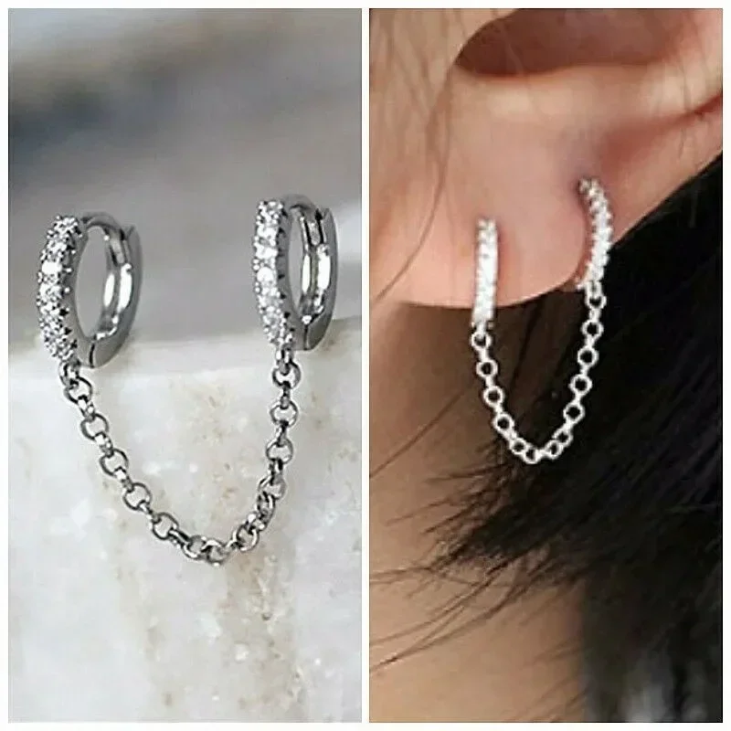 Fashion Double Ear Hole Round Tassel Chain Earrings Set Zircon Personalized Trend Earrings U-shaped Diamond Tassel Chain Earring