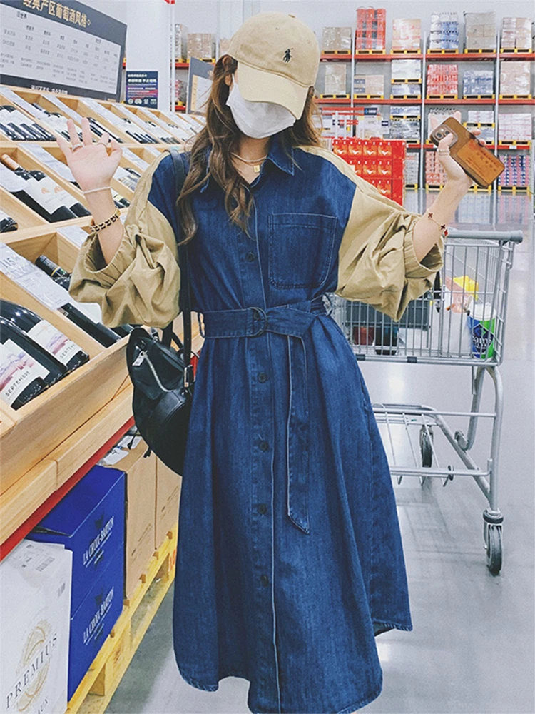 

Fashion Spliced Long Sleeve Denim Dress 2022 Autumn New Women Elegant Vintage Korean Style Casual Loose Belted Girl Dresses 6699