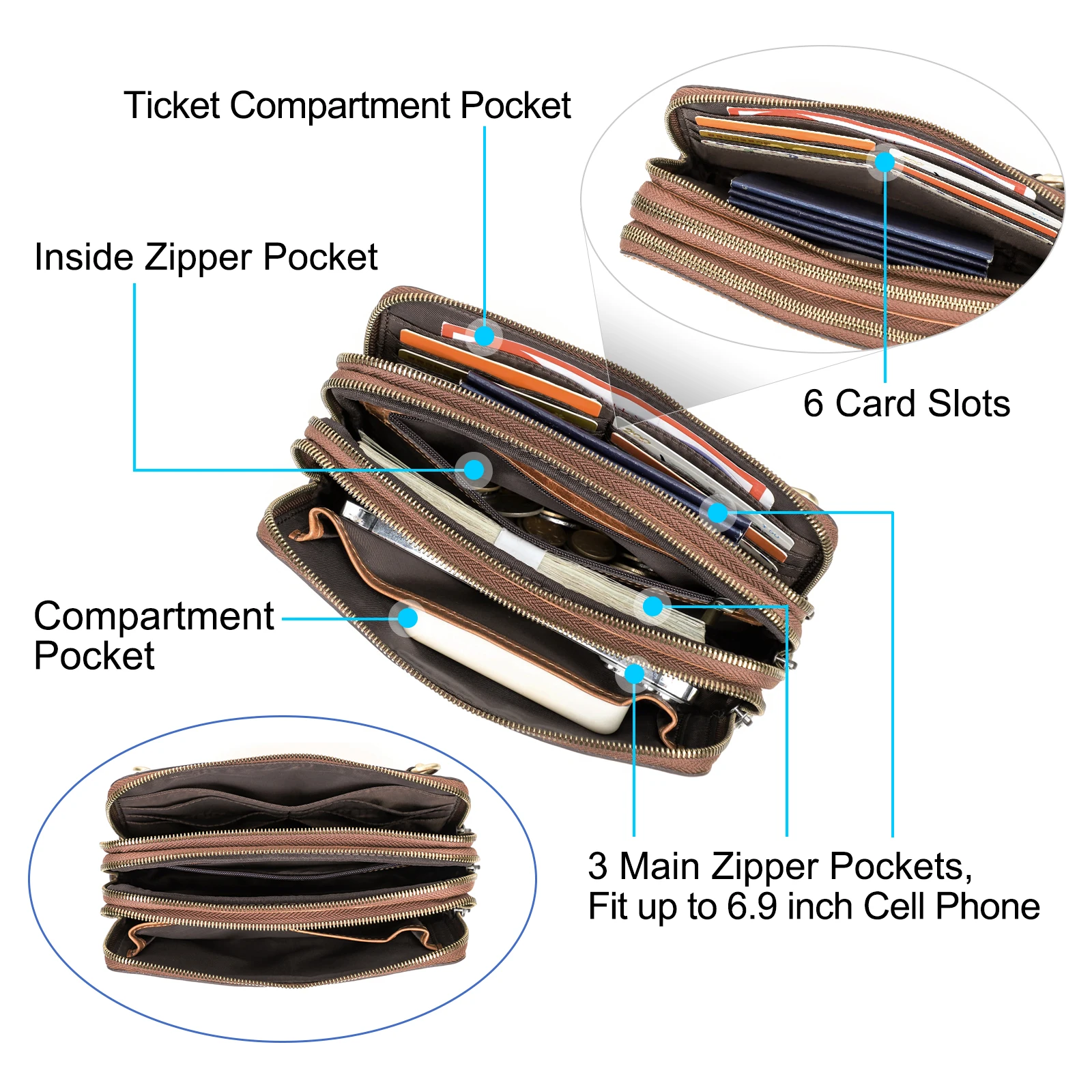 CONTACT'S Genuine Leather Men Clutch Bags Luxury Designer Sling Shoulder Bag Long Purse Women‘s Bag Handbag Wallet Phone Pocket view 5
