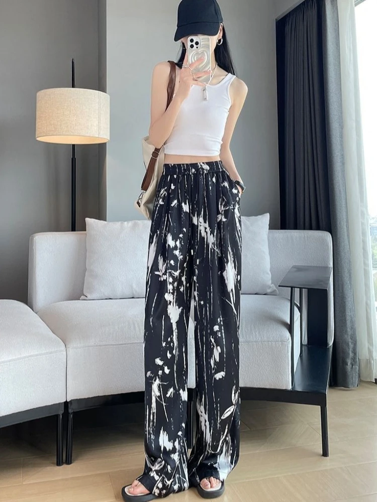 

Women's Summer Wide Leg Pants High Waist Draped Satin Trousers with Ink Painting Print Lightweight Beach Casual Bottoms