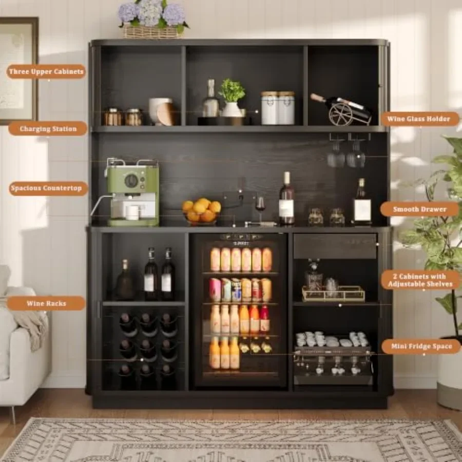 70.8" Tall Fluted Coffee Bar Cabinet with Mini Fridge Space, Modern Bar Cabinet with Fridge Space, Power Outlet and Drawer, Win - view 3