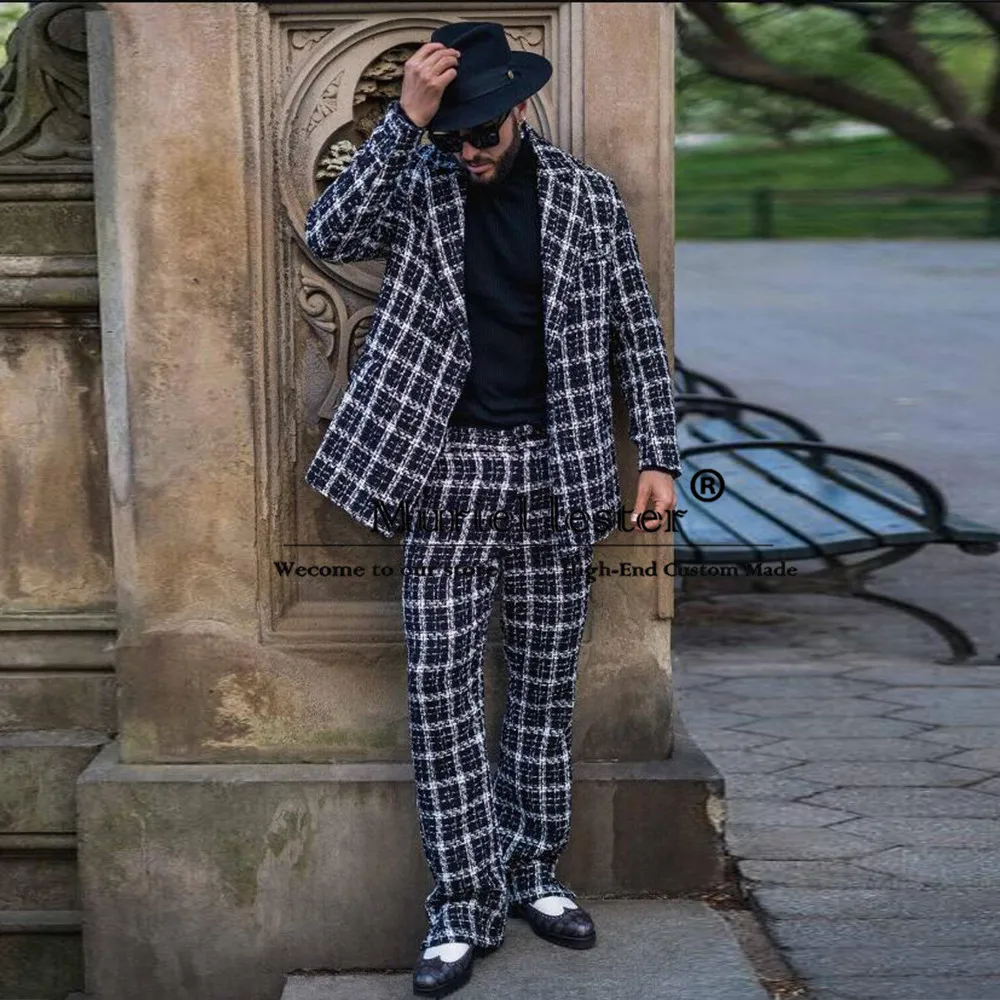 British Style Business Suits Men 2 Pieces (Jacket Pants ) Plaid Check Double Breasted Blazers Man Dinner Activewear Groom Tuxedo