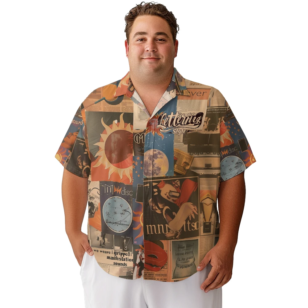 

2024 new Hawaii Men's shirts plus size Retro newspaper Sun Earth entertainment star printed clothing casual short-sleeved