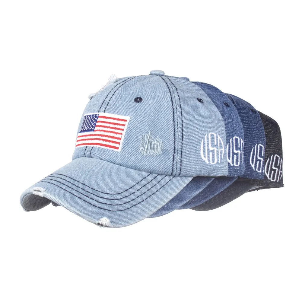 Washed Denim Baseball Cap Usa American Flag Independence Day UV Protection Sports Hat