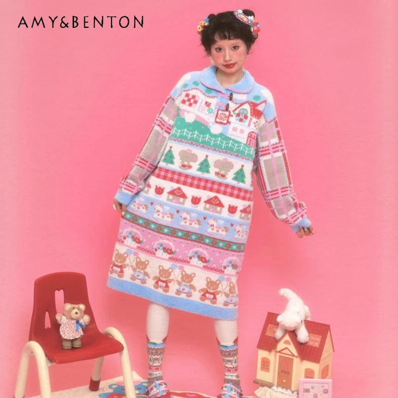 

Autumn New Striped Plaid Splicing Mink Fur Warm Knitted Women's Dress Original Design Loose Age-Reducing Sweater Dresses Ladies