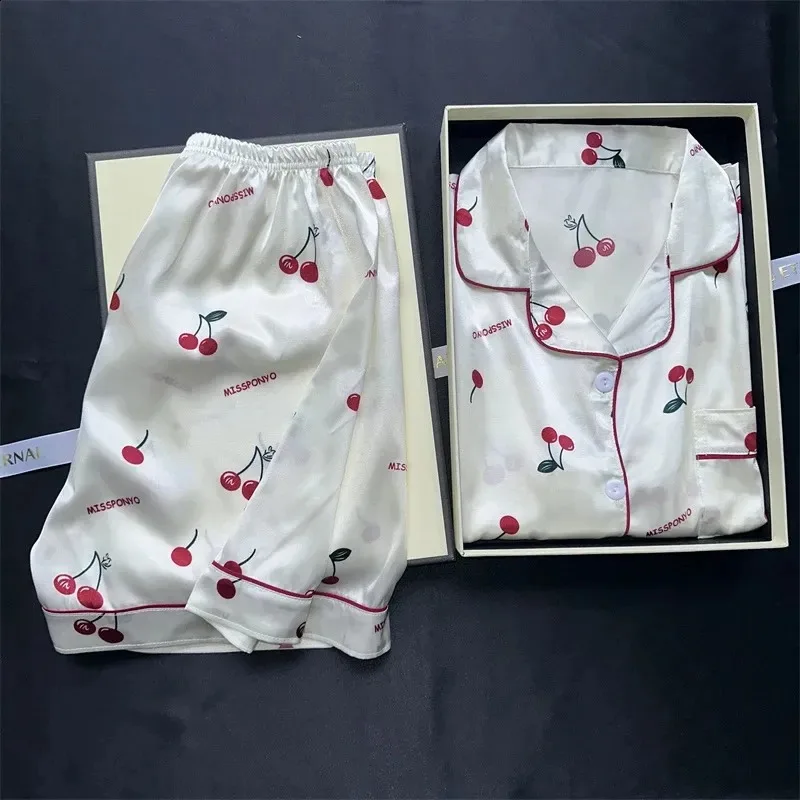 

Cherries Print Two Pieces Pajamas Set Summer Faux Stain Pajamas Fashion Home Clothes Ladies Casual Shorts and Top Set Pijamas
