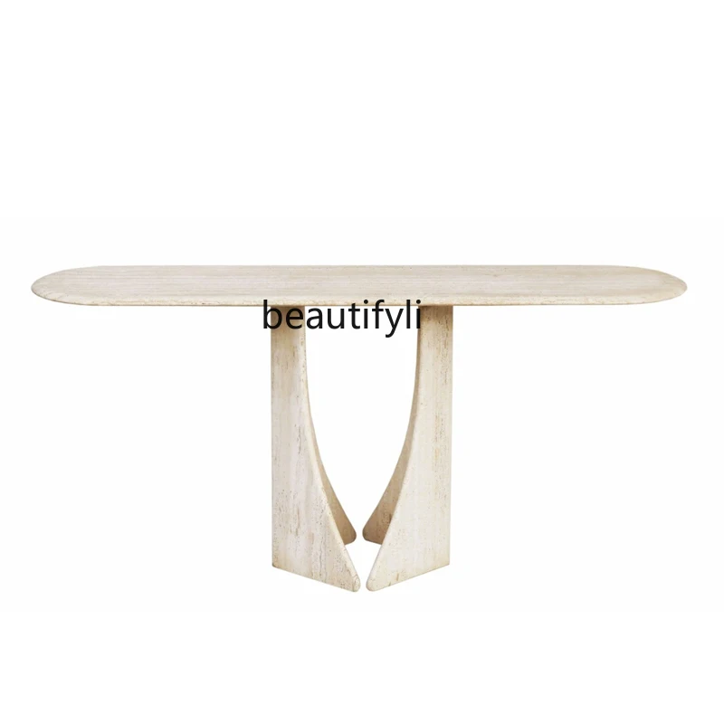 Wabi Sand Wind, Designer Model House Natural Yellow Travertine Villa Foyer Entrance Table Decorated Against the Wall