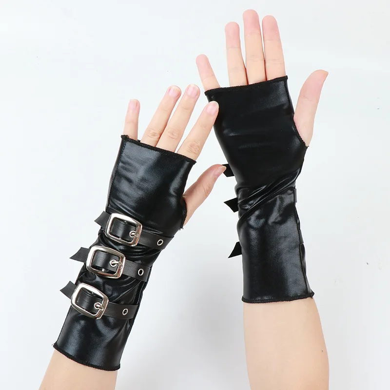 22CM Damen Gothic Punk PU-Leder Fingerlose Lange Handschuhe mit Metallschnalle Coole Rock Halbfinger-Handschuhe für Halloween Cosplay Nachtclub Party – Detail 4