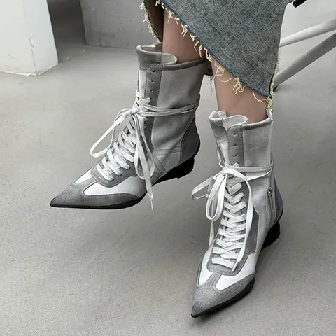 Fashion Pointed Toe Ankle Boots for Women, Luxury Designer Vintage Denim Lace-Up Knight Boots, New Versatile Trendy High Heels