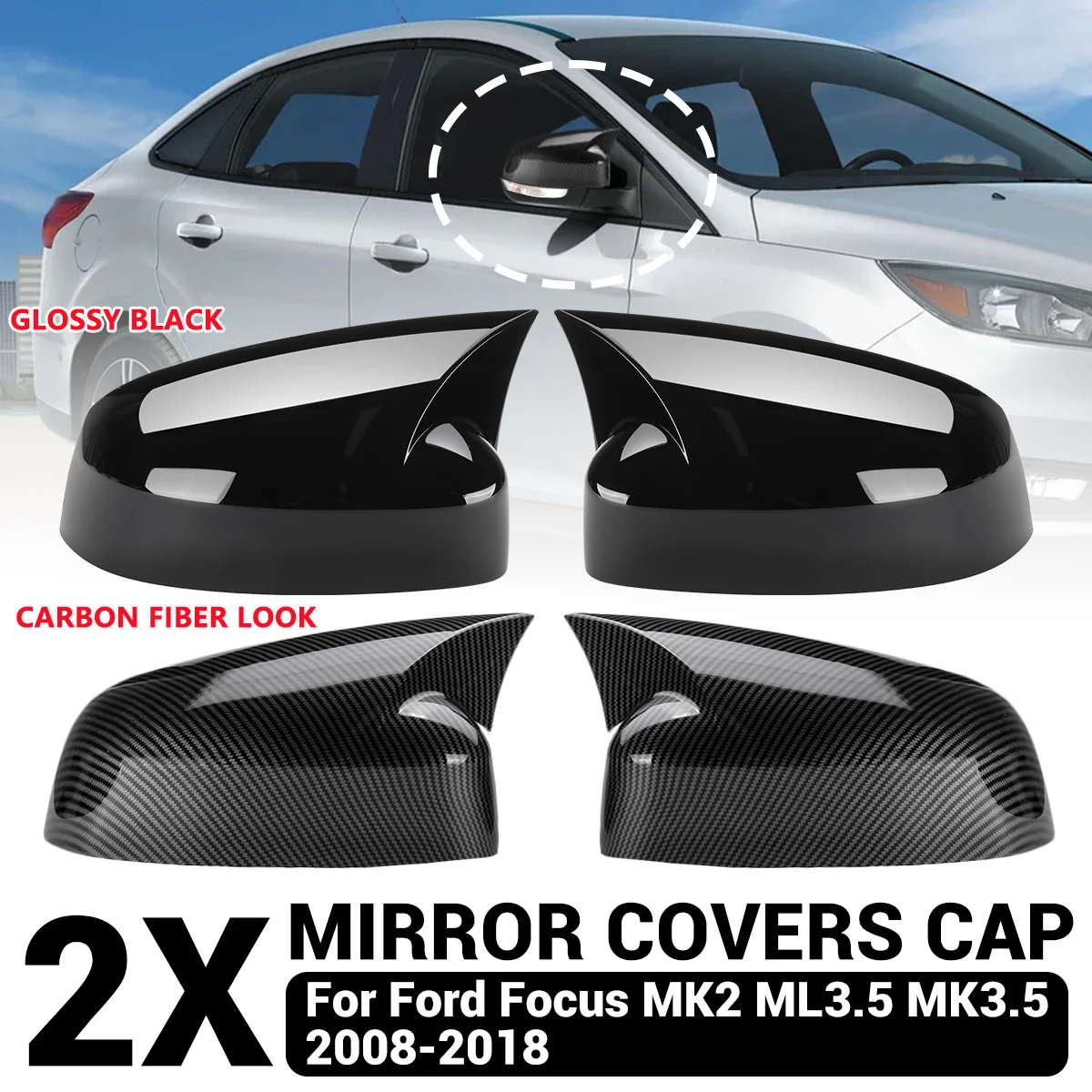 

Pair Side Rearview Mirror Cover Cap Glossy Black Carbon Look For Ford Focus 2 3 MK2 MK3 2008 2009 2010 2011 2012 2013 2014-2018