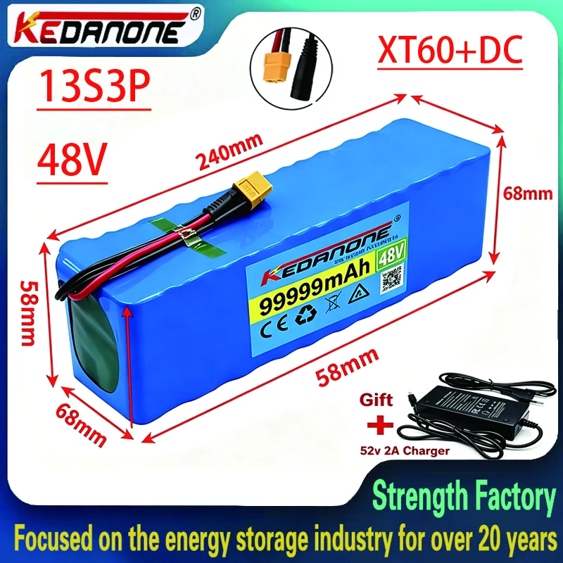 Nuovo 2026 Pacco Batteria agli Ioni di Litio 18650 48V 100Ah 2000W 13S3P DC-XT60-T Adatto per Motori 48V con BMS + Caricabatterie 54.6V