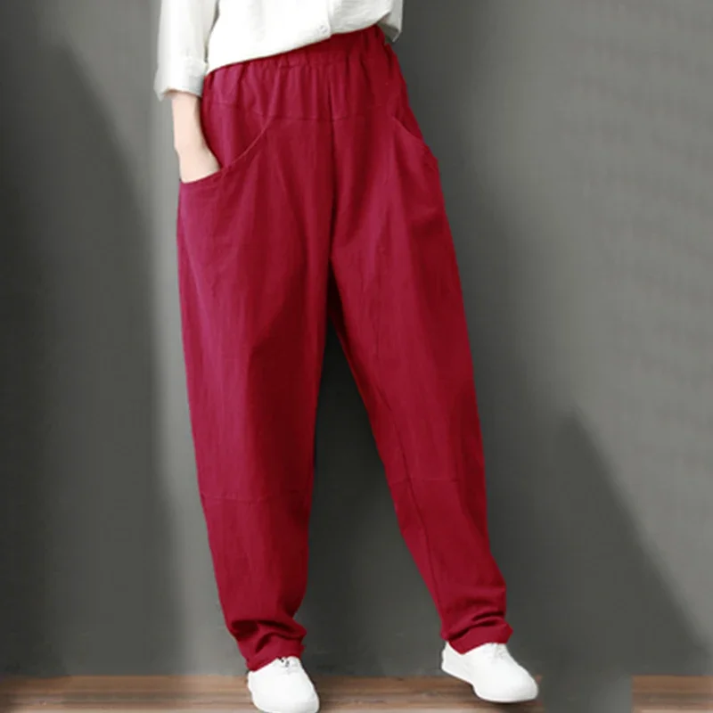 

Comfortable Elastic Waist Pockets Loose Office Lady Trousers 2024 Women Solid Color Classical Vintage Cotton Linen Casual Pants