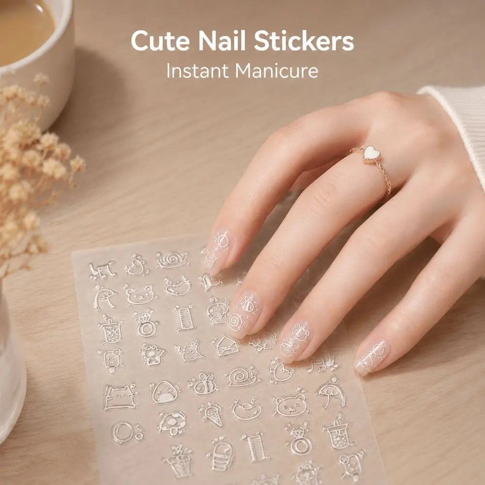 1Pc 3D Raised Nail Stickers Black White Doodle Cartoon Animal Elements Sliders For Beginner Home Salon Nail Art Manicure Design