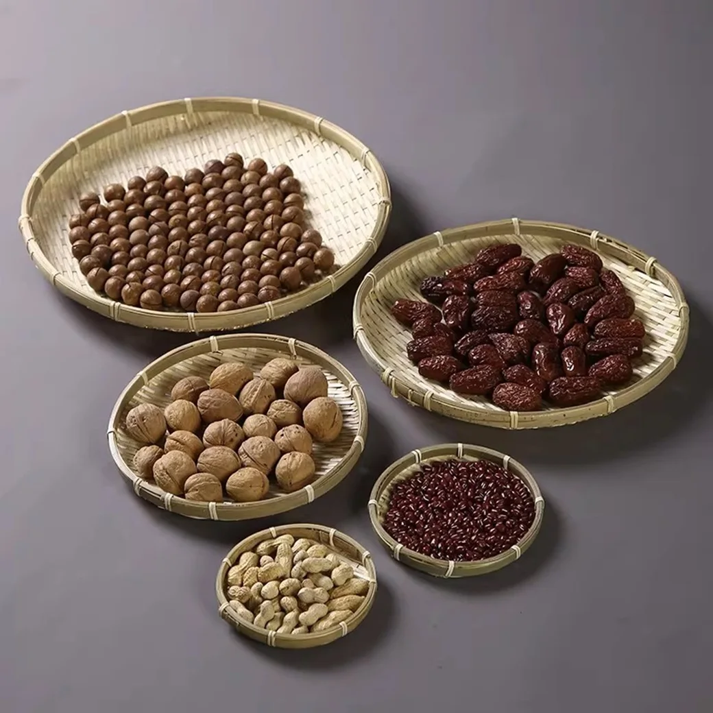 

Handmade Bamboo Woven Dustpan Kitchen Storage Tray round Fruit Tea Drying Tray Farm Style Mantou Basket for Home Organization